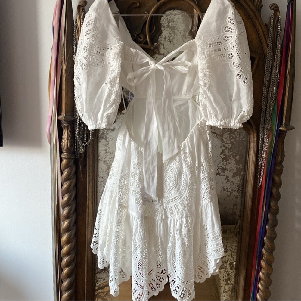 Zimmermann Vacay Lace & Eyelet Asymmetrical Open Back Mini Dress Size AU 1 US 6 - Picture 3 of 8